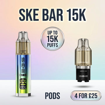 SKE Bar 15K pods promotional graphic showing up to 15K puffs and 3 for £25 offer