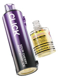 Purple vape device labeled 'CLICK' with a bottle of nicotine solution on a white background