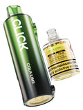 Green vape device with 'CLICK' branding and a bottle of cola lime flavor liquid on a white background.