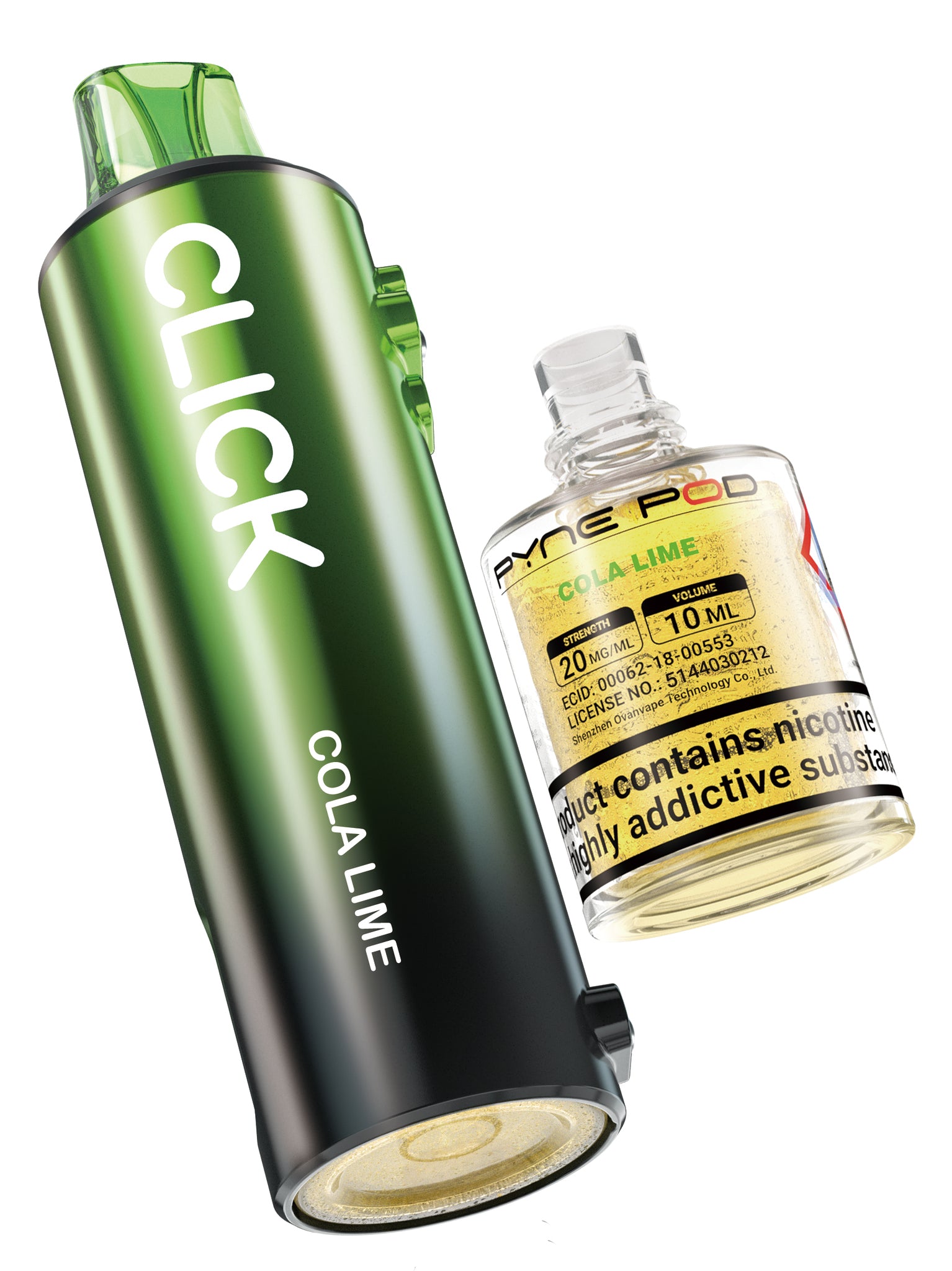 Green vape device with 'CLICK' branding and a bottle of cola lime flavor liquid on a white background.