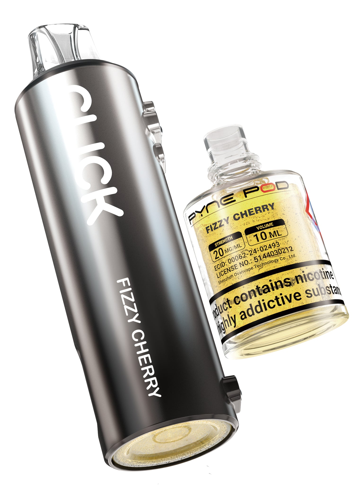 Vape device and bottle labeled 'Fizzy Cherry' on a white background