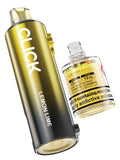 Gold and black vape device with lemon lime flavor and a bottle of nicotine solution on a white background.