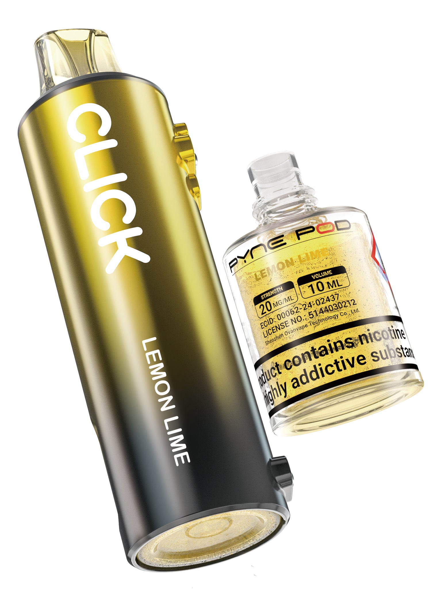 Gold and black vape device with lemon lime flavor and a bottle of nicotine solution on a white background.