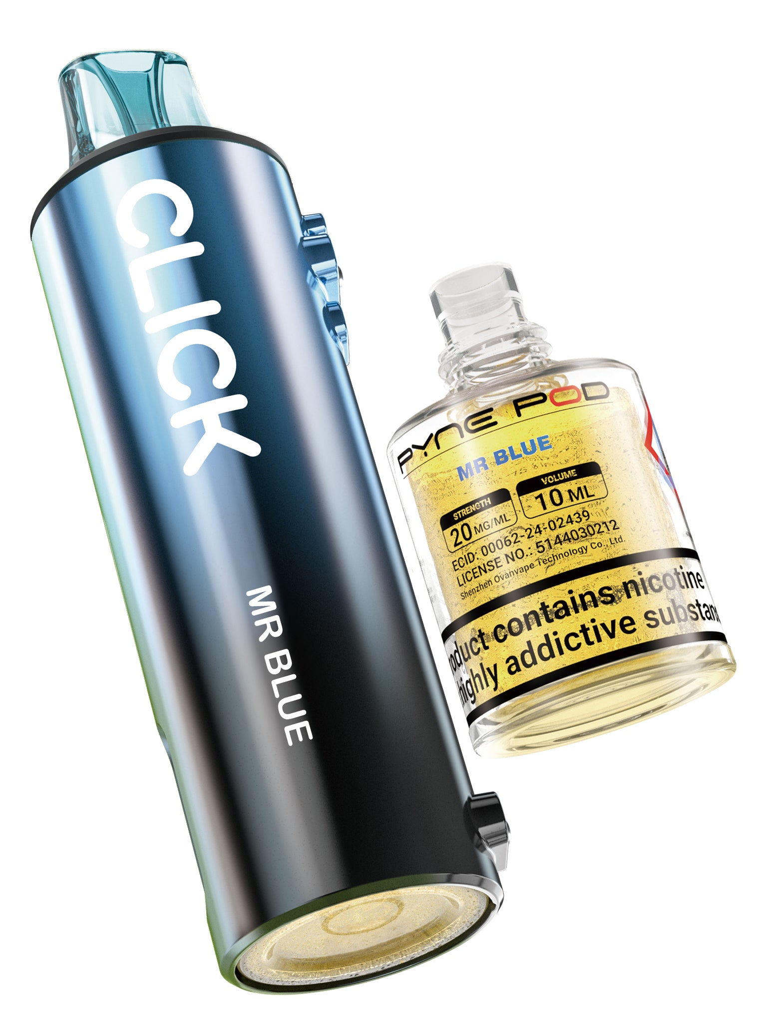 Vape device labeled 'CLICK' and a bottle of e-liquid labeled 'MR BLUE' on a white background.